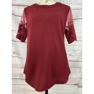 Lulus Sheer Floral Sleeve Blouse Top Womens S Embroidery Keyhole Back Burgundy